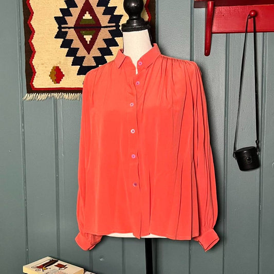 Vintage Coral Silk Elegant Blouse, S