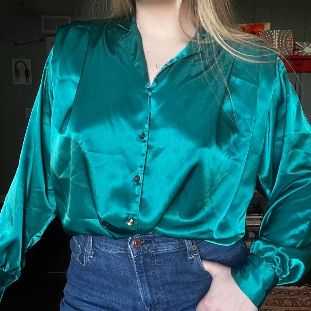 Teal Satin Retro Blouse, M/L