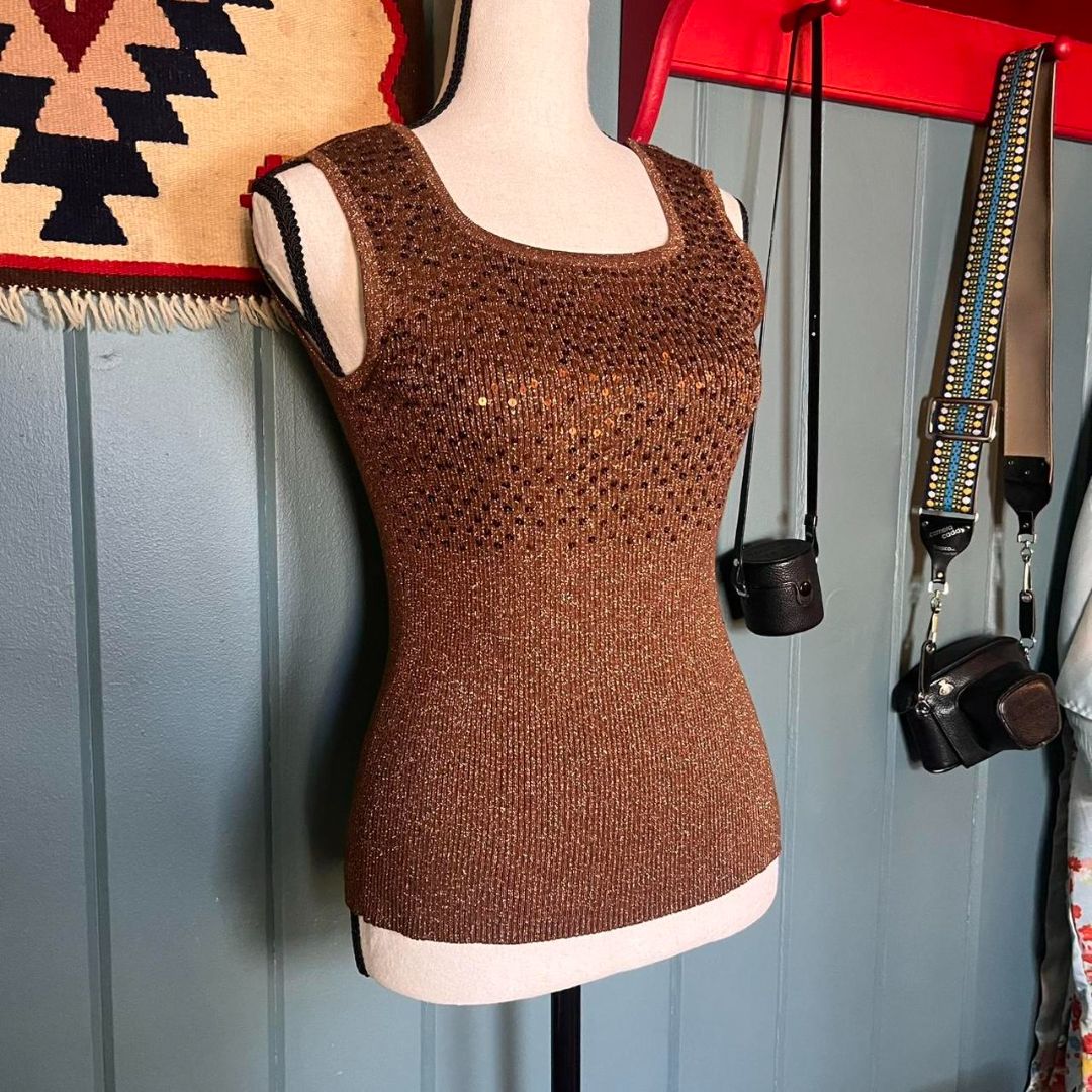 Brown Sequin Ribbed Tank, S/M