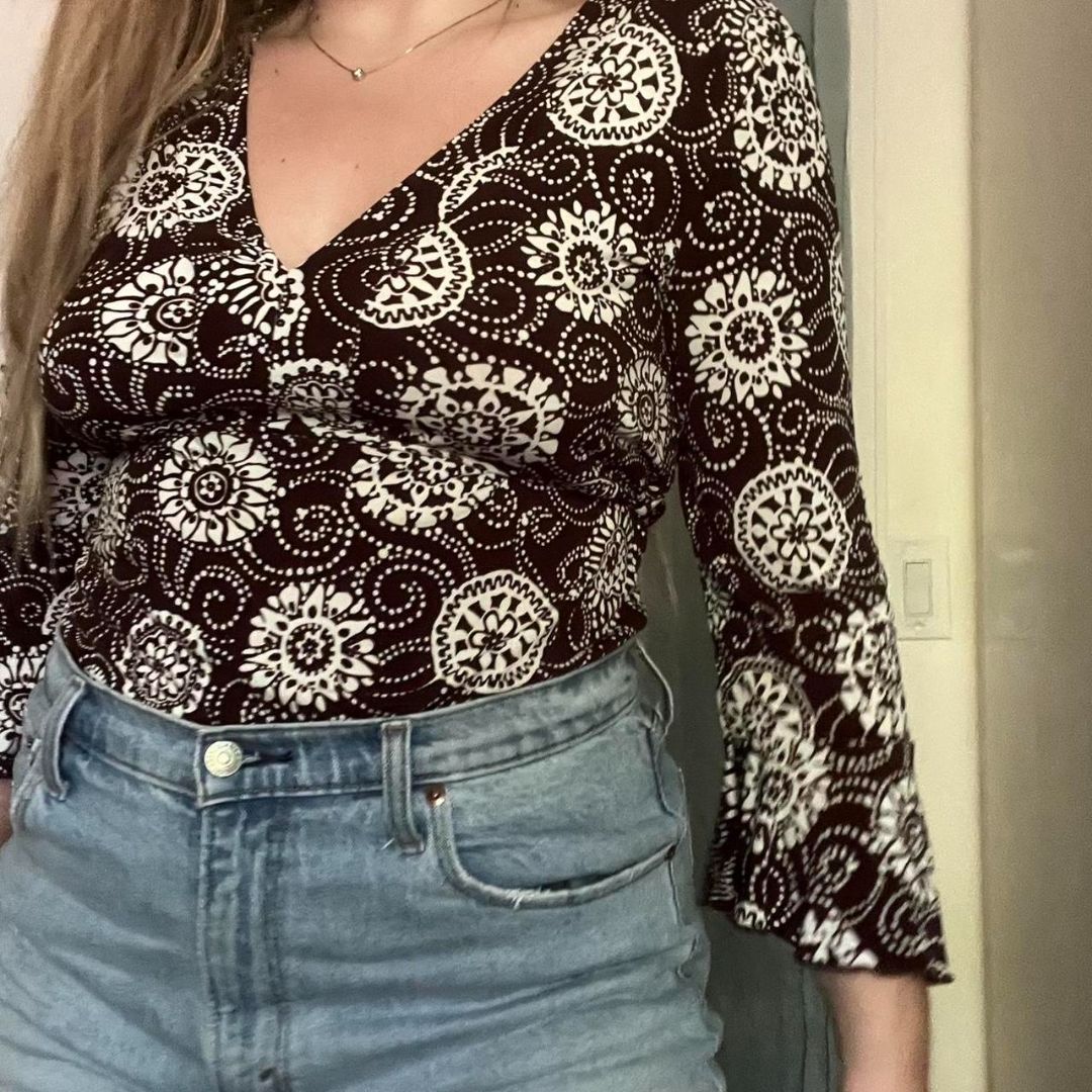 Y2K Brown White Floral Tie-Waist Top, M/L