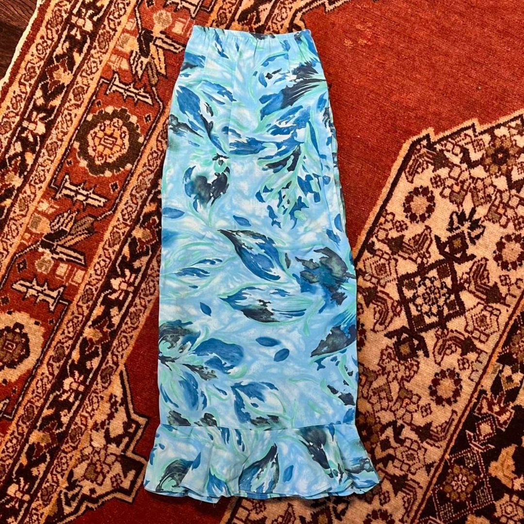 Blue Floral Ruffle Midi Skirt, S