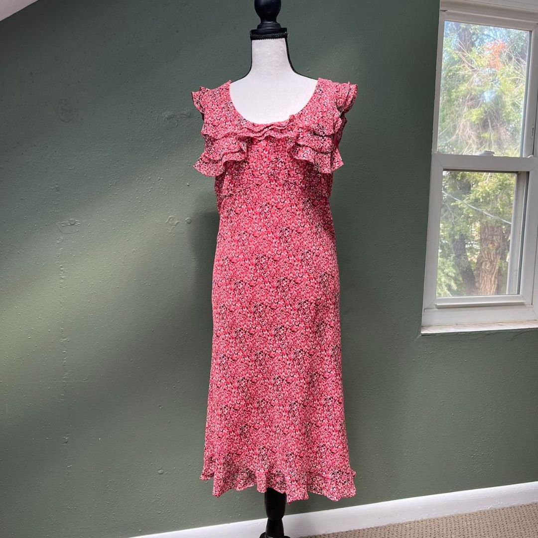 Y2k Ruffle Pink Floral Midi Dress, M
