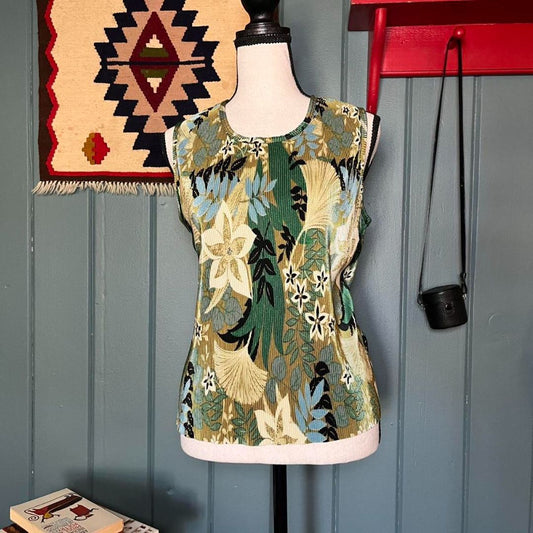 Pleated Multicolor Floral Sleeveless Top, L