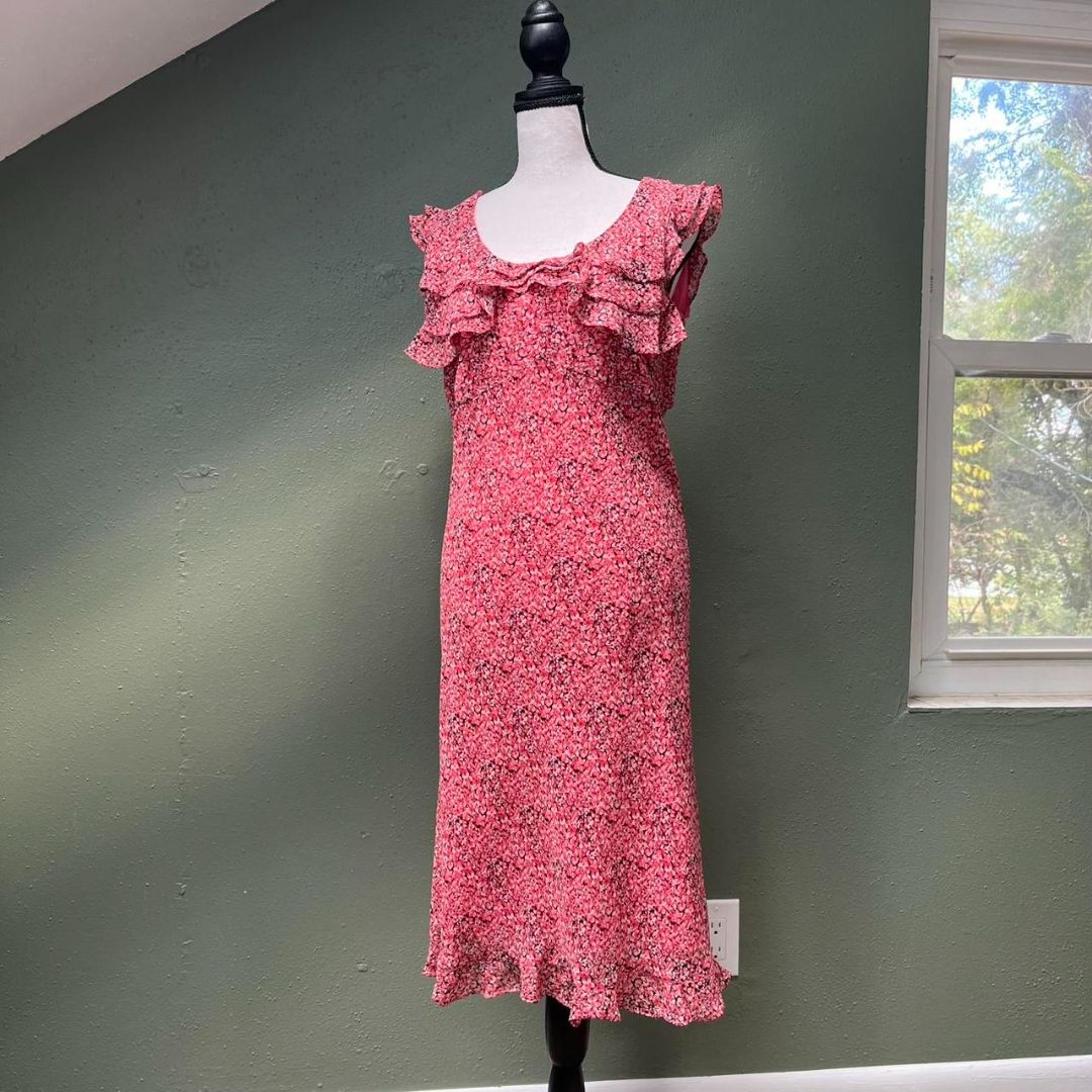 Y2k Ruffle Pink Floral Midi Dress, M