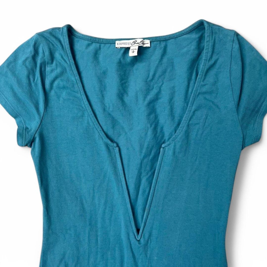 Express Teal Blue Deep V-Cut Bodysuit, S