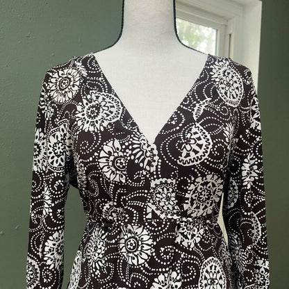 Y2K Brown White Floral Tie-Waist Top, M/L