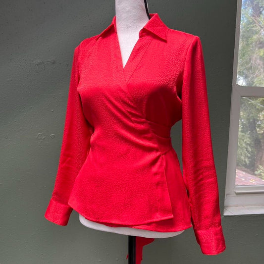 Ann Taylor Red Wrap Blouse, XS/S