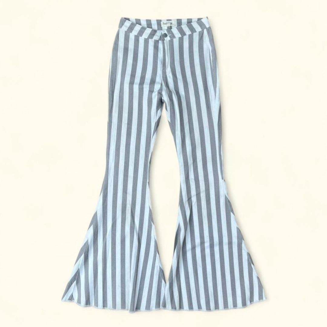 Gray Striped Bellbottom Pants, S