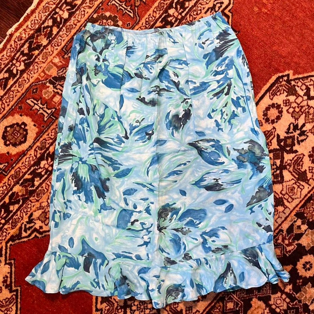 Blue Floral Ruffle Midi Skirt, S
