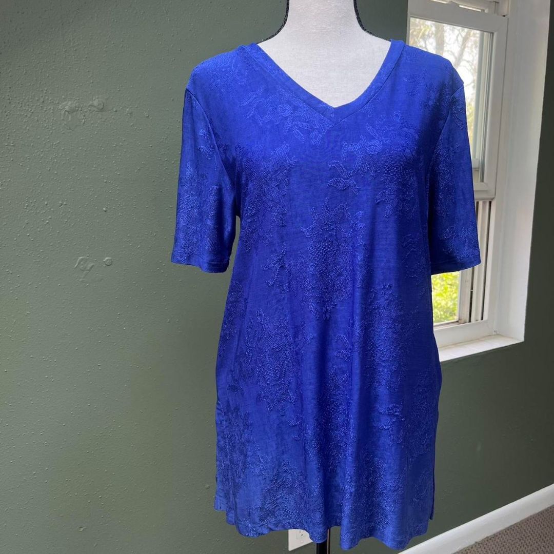 Chico's Cobalt Blue Floral Stretchy Tee, L/XL