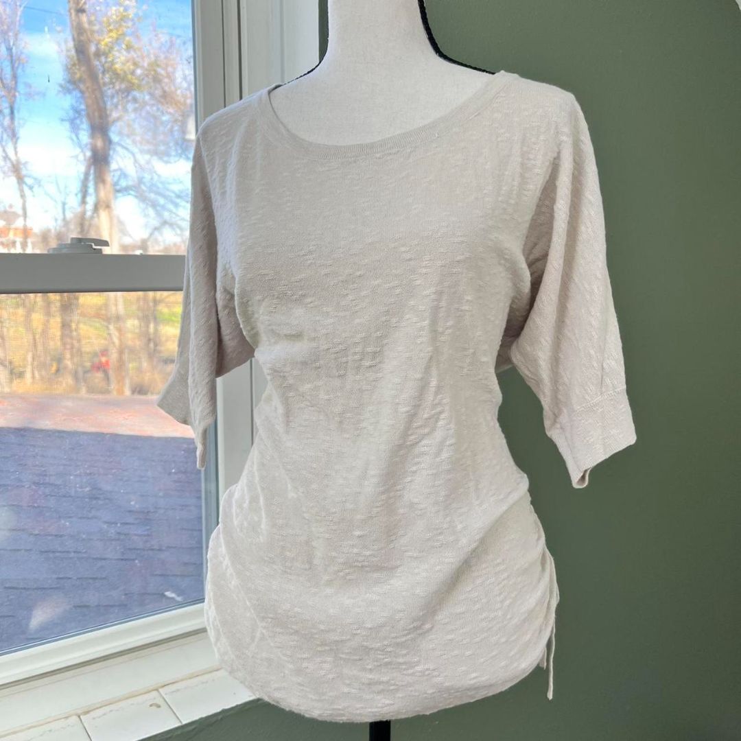 Style & Co Linen/Cotton Ruched Side Beige Tee, L