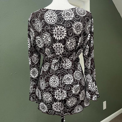 Y2K Brown White Floral Tie-Waist Top, M/L