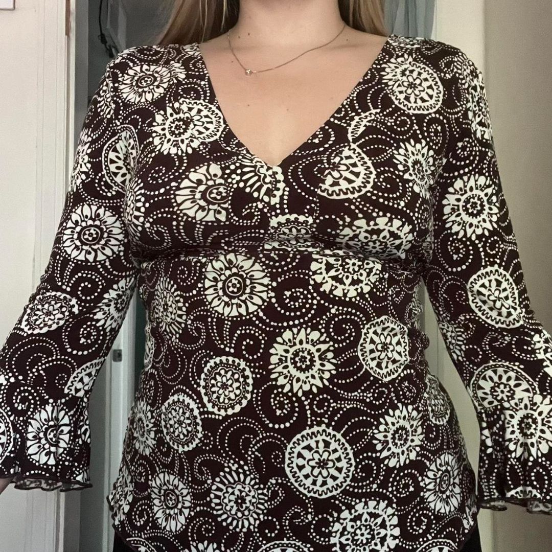 Y2K Brown White Floral Tie-Waist Top, M/L