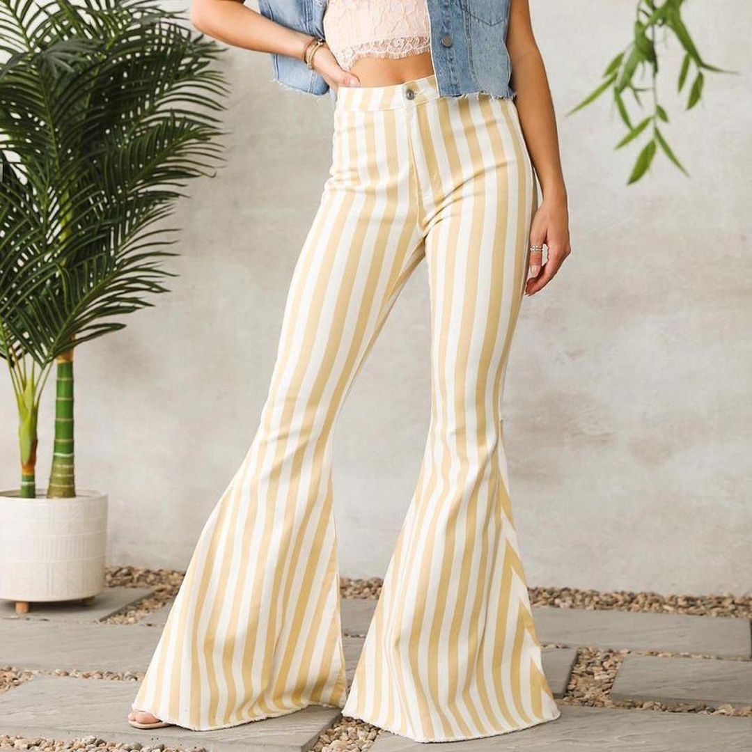 Gray Striped Bellbottom Pants, S
