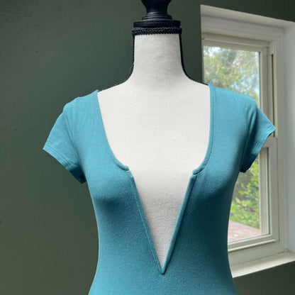 Express Teal Blue Deep V-Cut Bodysuit, S