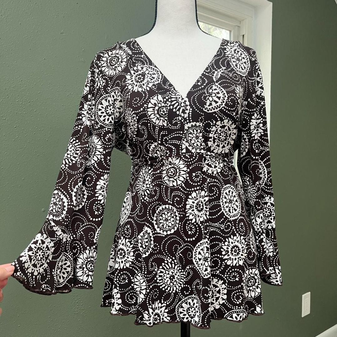 Y2K Brown White Floral Tie-Waist Top, M/L