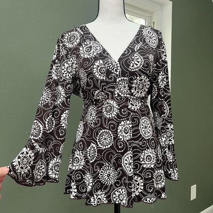 Y2K Brown White Floral Tie-Waist Top, M/L