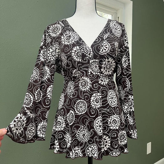 Y2K Brown White Floral Tie-Waist Top, M/L