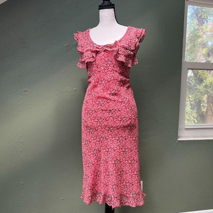Y2k Ruffle Pink Floral Midi Dress, M