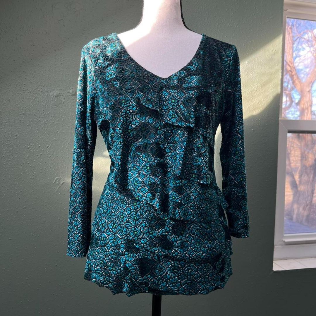 Teal Shimmer Ruffle Blouse, M/L
