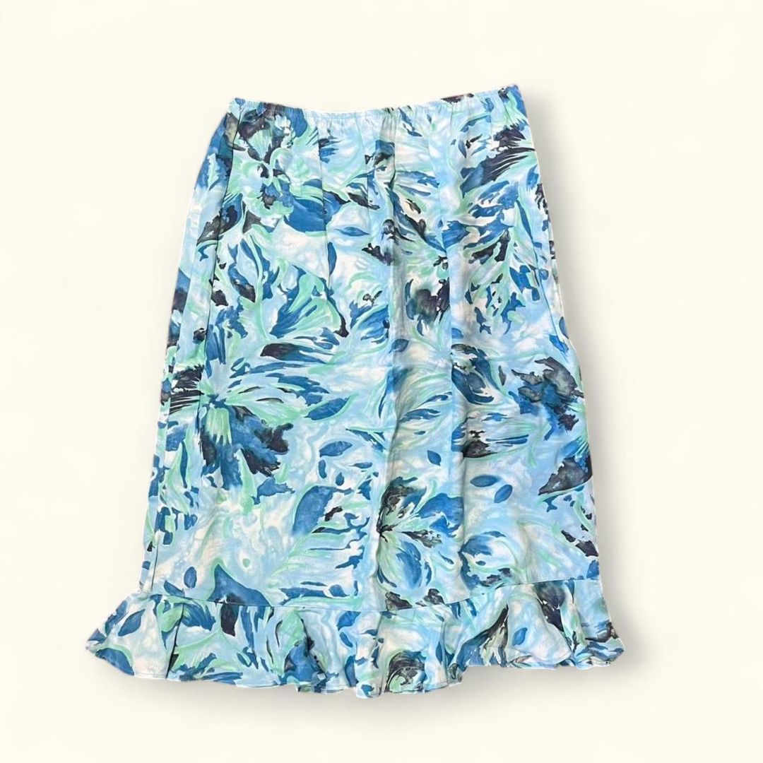 Blue Floral Ruffle Midi Skirt, S