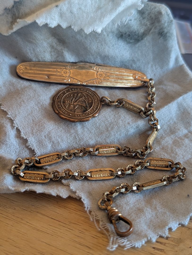 Pocket Watch Chain, Knife, and Fob