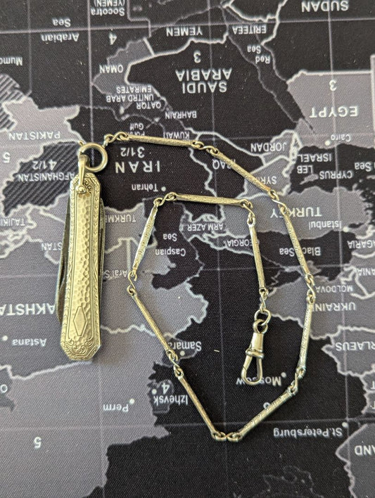 15" white gold filled pocket watch chain & knife