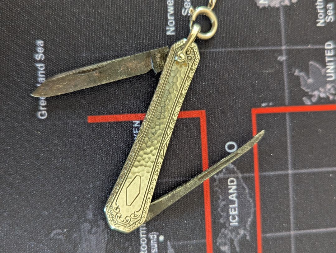 15" white gold filled pocket watch chain & knife