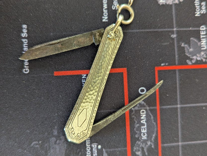 15" white gold filled pocket watch chain & knife