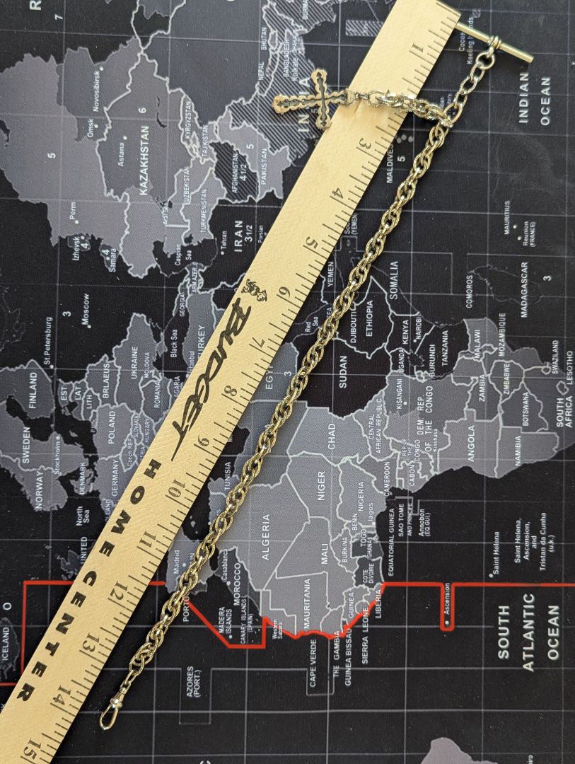Silver tone cross fob and fancy Pocket watch chain