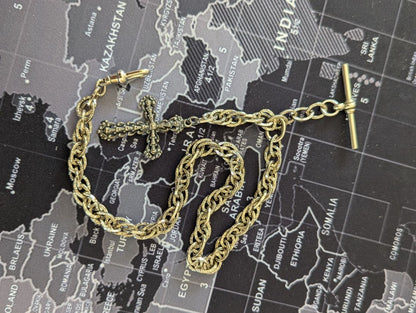Silver tone cross fob and fancy Pocket watch chain
