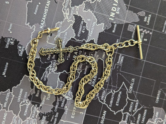 Silver tone cross fob and fancy Pocket watch chain