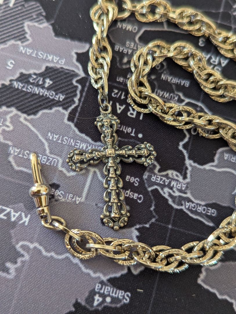 Silver tone cross fob and fancy Pocket watch chain