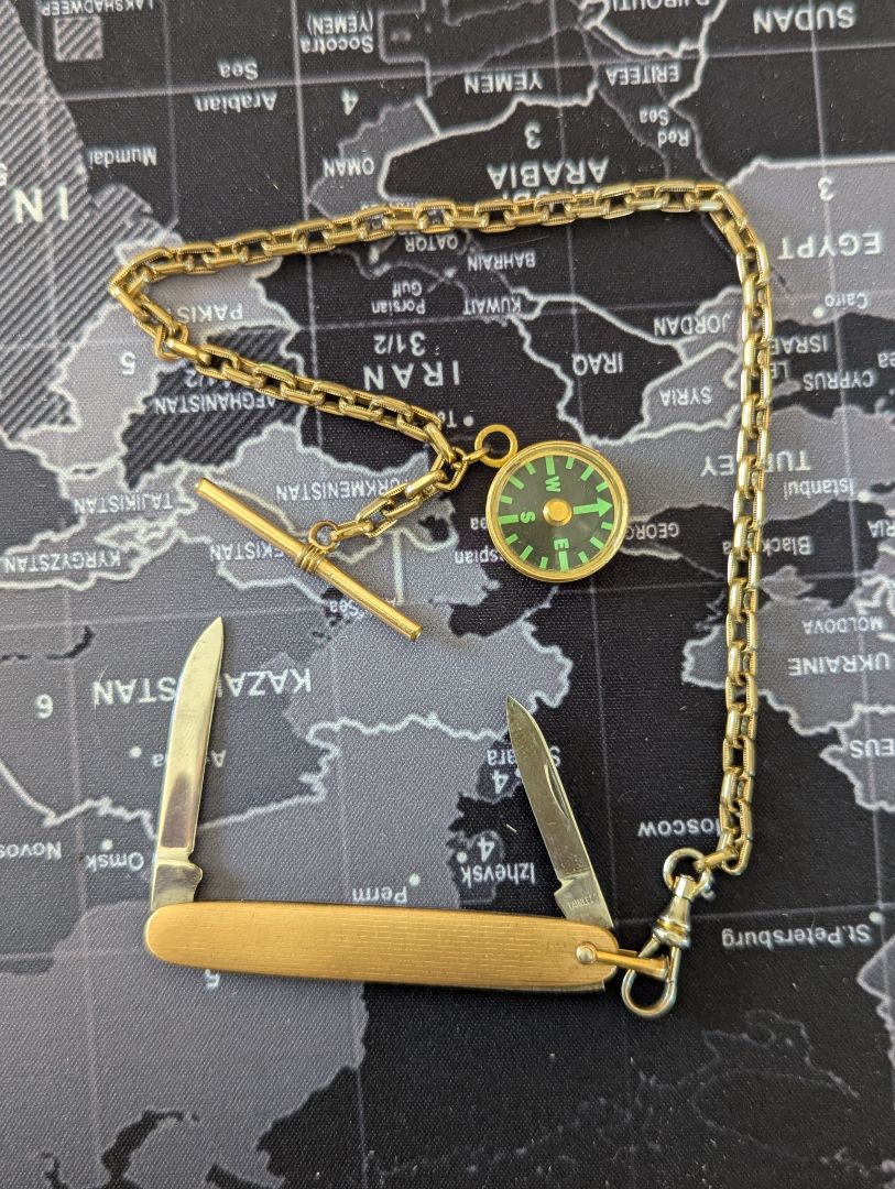 12" Pocket watch chain w/ compass fob and knife