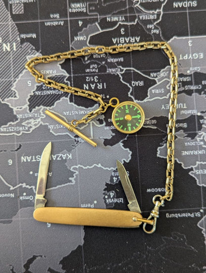 12" Pocket watch chain w/ compass fob and knife