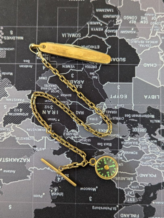 12" Pocket watch chain w/ compass fob and knife