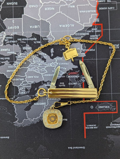 16" gold tone Pocket Watch chain - Fob & Knife