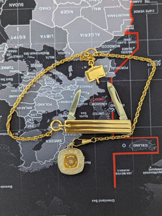 16" gold tone Pocket Watch chain - Fob & Knife