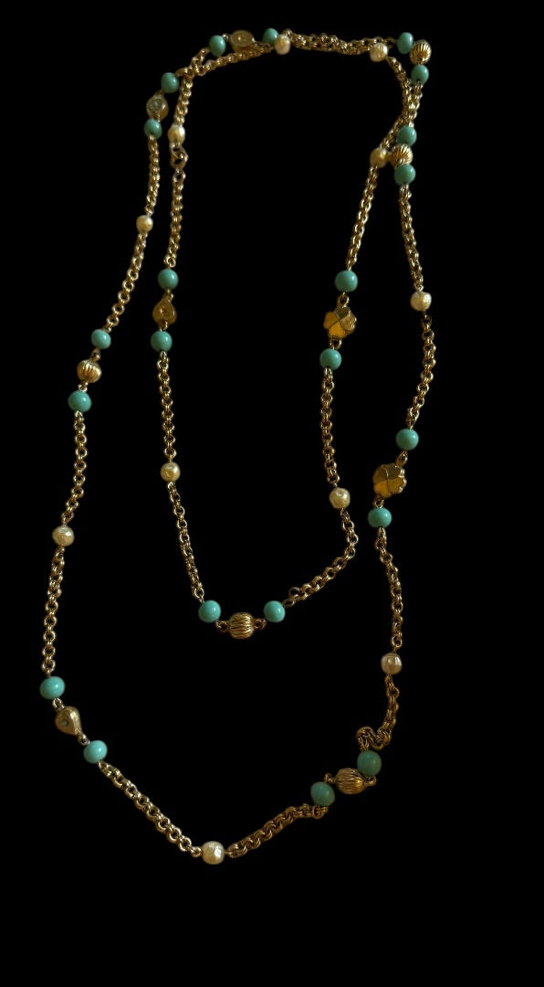 Long Goldtone Turq color heart necklace