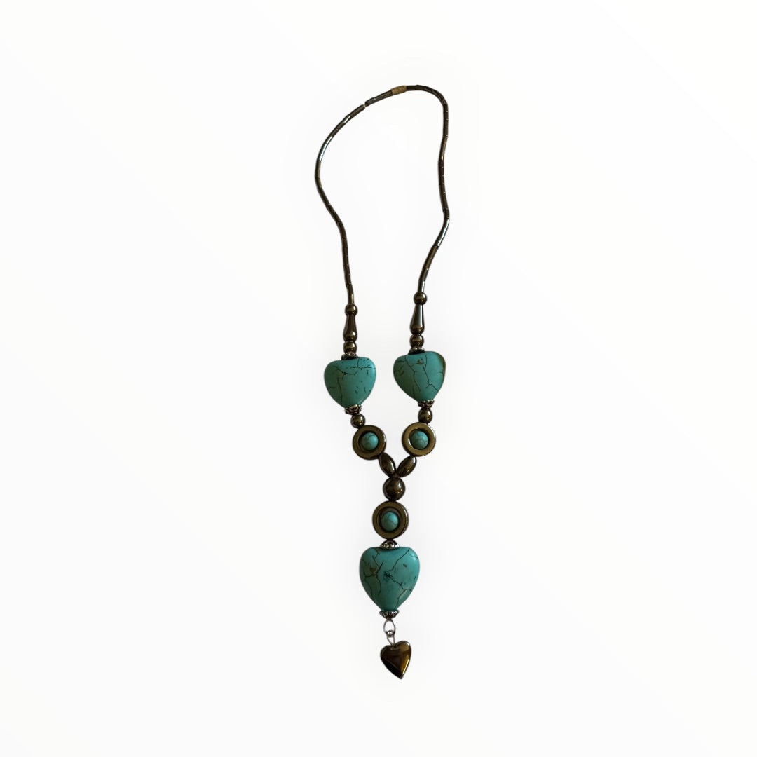 Hematite Turq color stone heart necklace