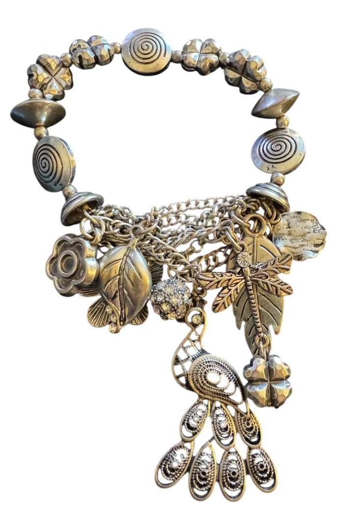 Silvertone charm bracelet peacock, dragonflh