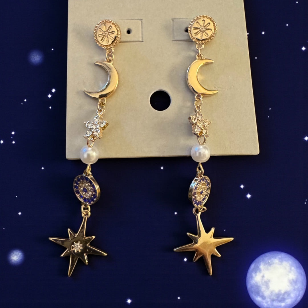 Goldtone Moon Star Accent Stud Earrings