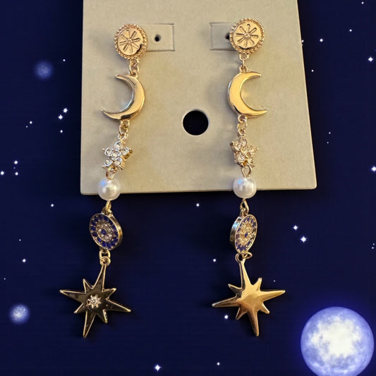 Goldtone Moon Star Accent Stud Earrings