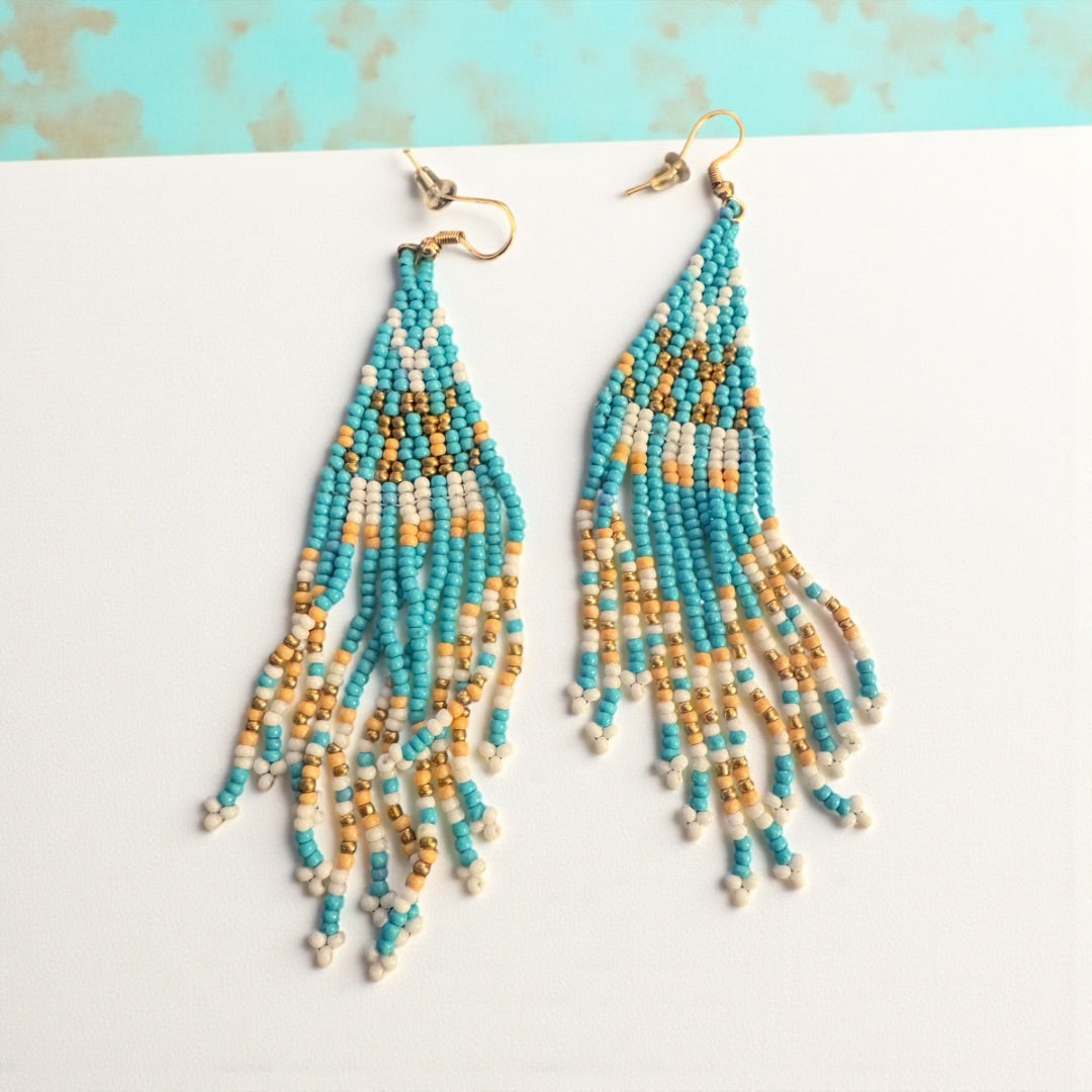 Turq cream white color seed bead dangle earrings
