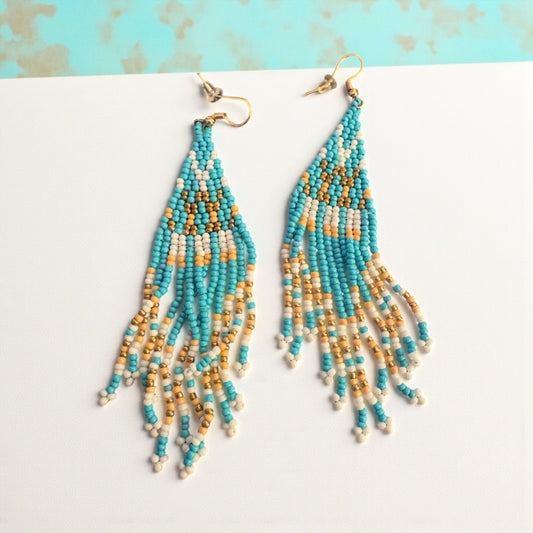Turq cream white color seed bead dangle earrings