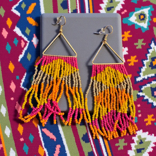 Dark pink yellow orange seedbead dangle earrings
