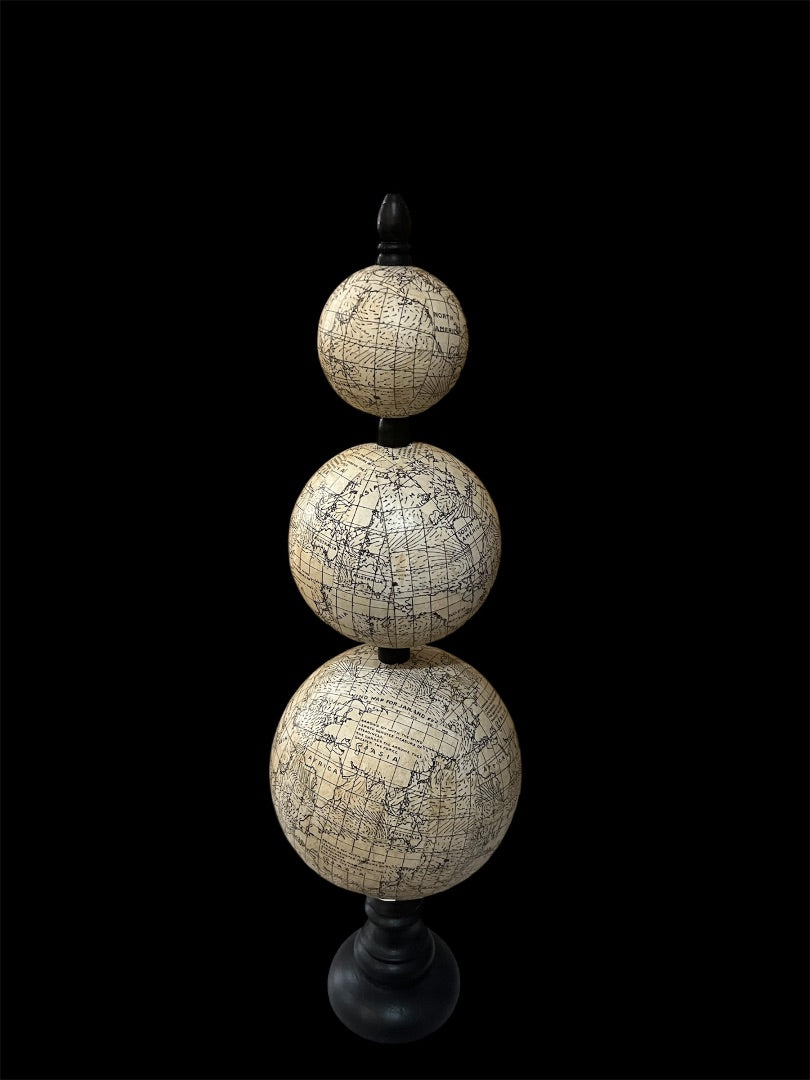 Vintage-style globes on a turned wooden base.