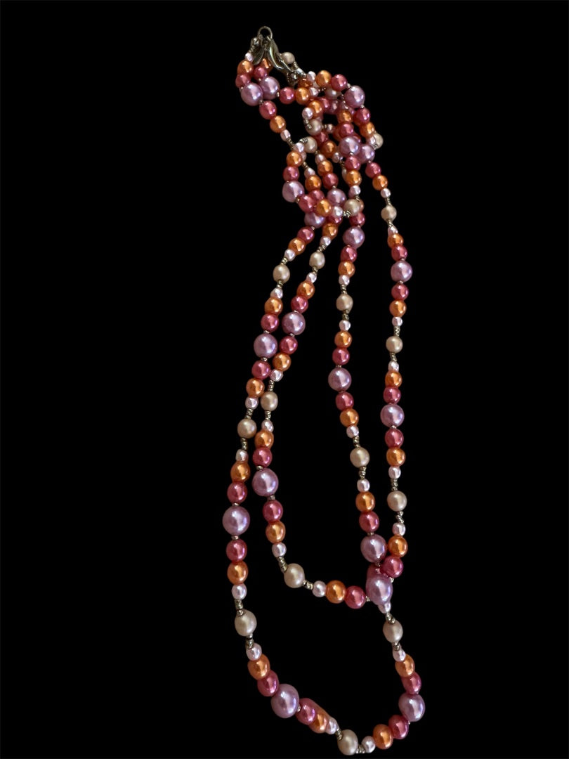 Sequin faux multi pink tone pearl long necklace