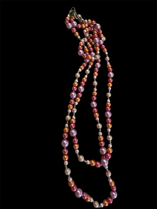 Sequin faux multi pink tone pearl long necklace