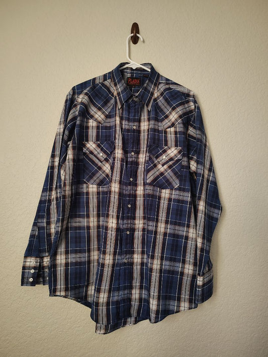 Blue Multi Plains Snap Front Shirt Plaid Long Sleeve, Large
